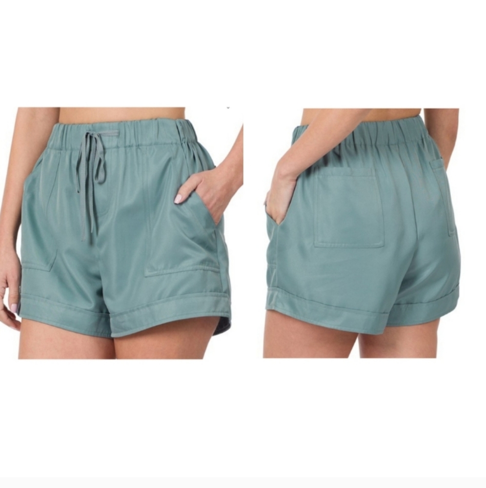 ❗ CLEARANCE ❗ Drawstring Elastic Waist Shorts with Pockets ASH BLUE GREEN